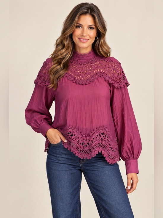 Gigio Tops - Sheer High-Neck Lace Patchwork Blouse – Plum